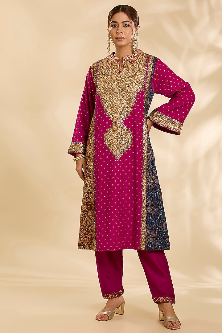 Magenta Silk Hand & Machine Embroidered Kurta Set by Debyani at Pernia's Pop Up Shop