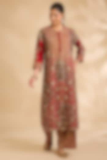Red Silk & Chanderi Hand Embroidered Kurta Set by Debyani at Pernia's Pop Up Shop