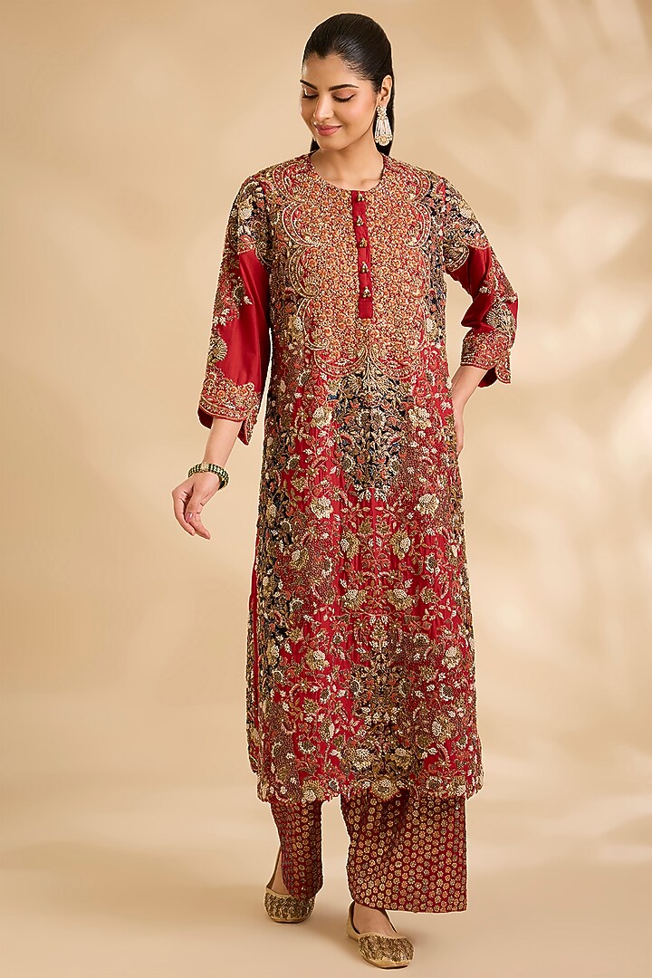 Red Silk & Chanderi Hand Embroidered Kurta Set by Debyani at Pernia's Pop Up Shop
