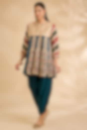 Blue Chanderi Hand Embroidered Flared Kurta Set by Debyani at Pernia's Pop Up Shop