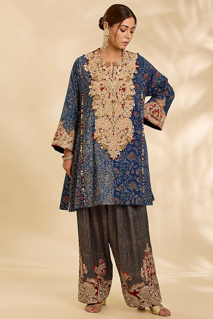 Blue Cotton Kalamkari Printed & Embroidered Kurta Set by Debyani at Pernia's Pop Up Shop