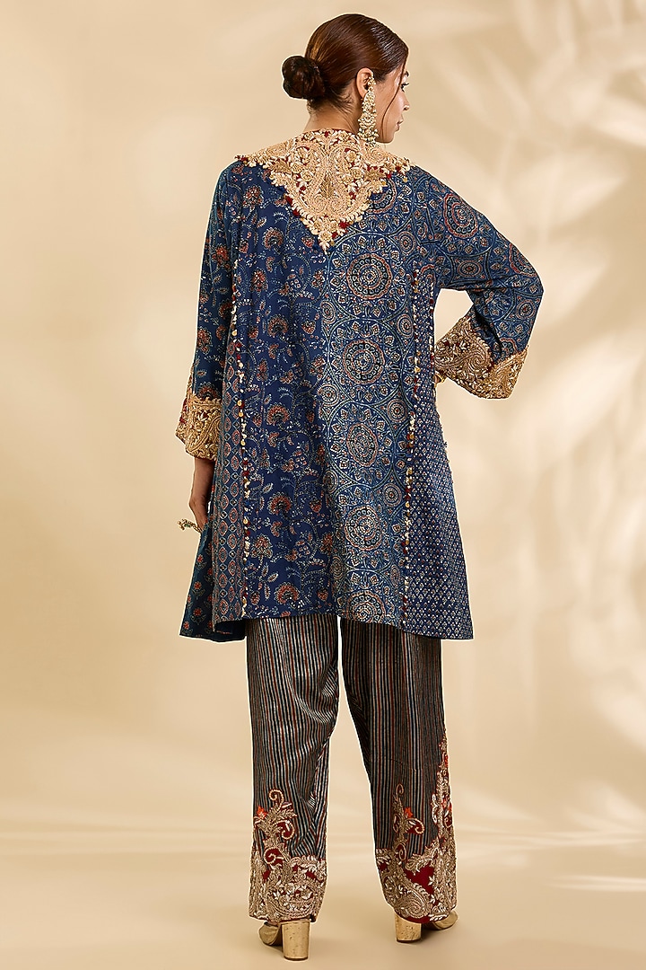 Blue Cotton Kalamkari Printed & Embroidered Kurta Set by Debyani at Pernia's Pop Up Shop