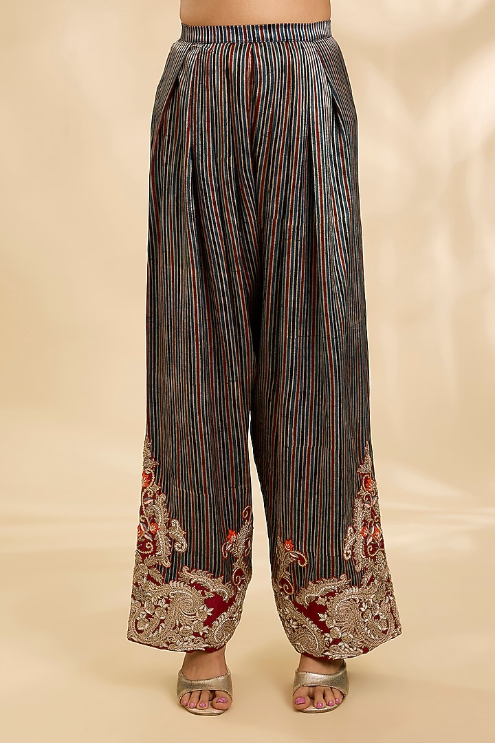Blue Cotton Kalamkari Printed & Embroidered Kurta Set by Debyani at Pernia's Pop Up Shop