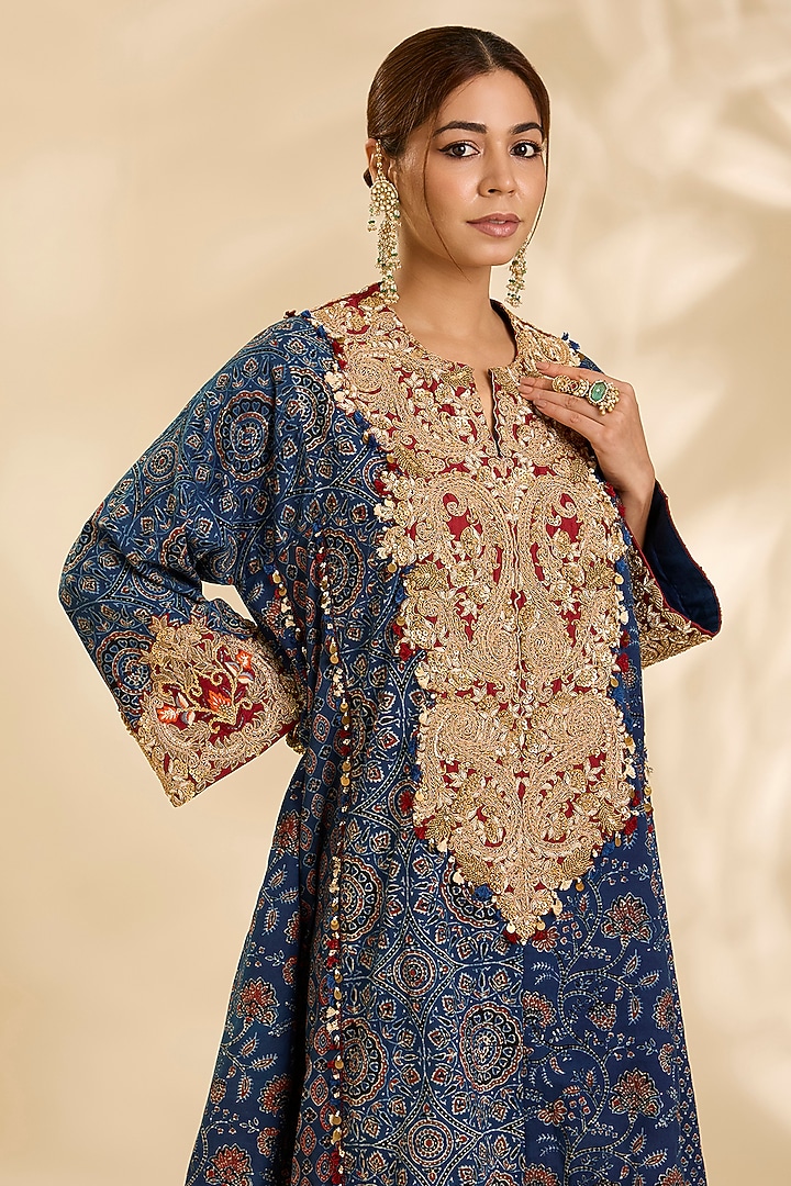 Blue Cotton Kalamkari Printed & Embroidered Kurta Set by Debyani at Pernia's Pop Up Shop