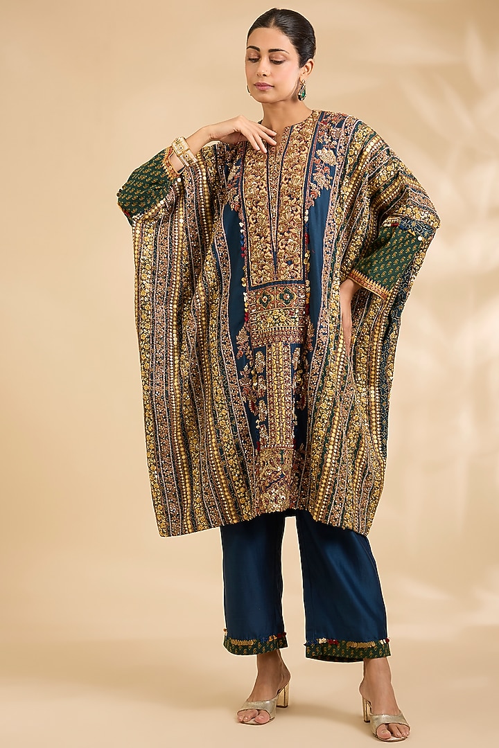 Blue Cotton & Chanderi Printed Kaftan Set by Debyani at Pernia's Pop Up Shop
