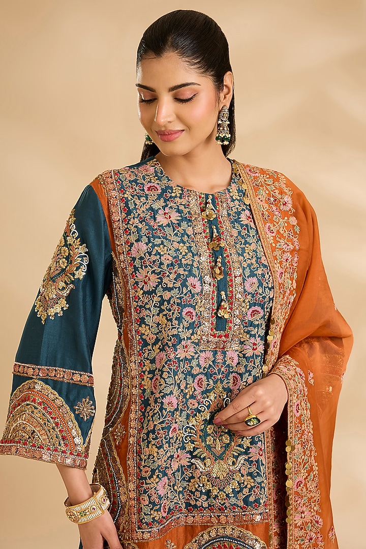Blue Chanderi & Organza Hand Embroidered Kurta Set by Debyani at Pernia's Pop Up Shop