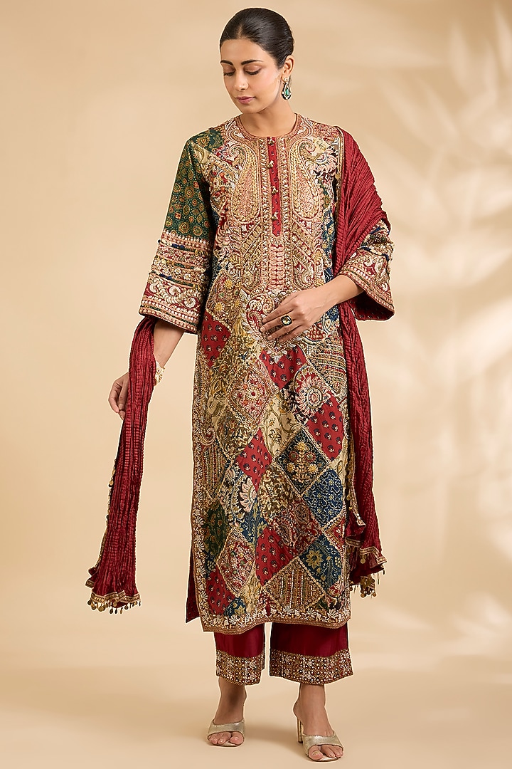 Multi-Colored Cotton & Chanderi Ajrakh Printed Kurta Set by Debyani at Pernia's Pop Up Shop