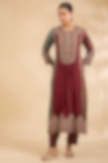 Brick Red Mashru & Silk Ajrakh Printed Gathered Kurta Set by Debyani at Pernia's Pop Up Shop