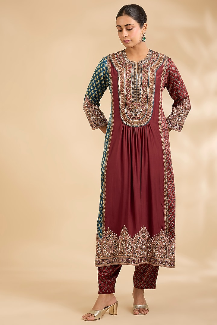 Brick Red Mashru & Silk Ajrakh Printed Gathered Kurta Set by Debyani at Pernia's Pop Up Shop