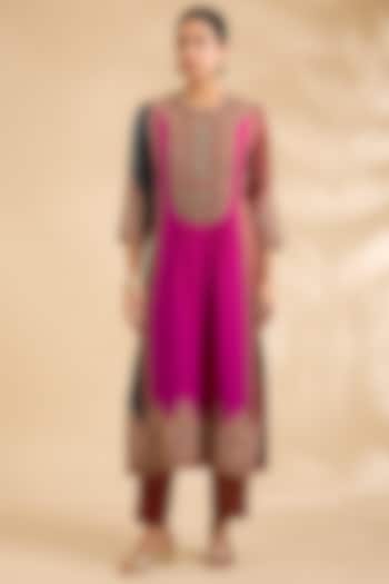 Magenta Mashru & Silk Ajrakh Printed Gathered Kurta Set by Debyani at Pernia's Pop Up Shop
