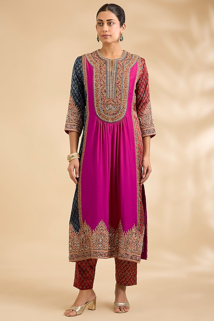 Magenta Mashru & Silk Ajrakh Printed Gathered Kurta Set by Debyani at Pernia's Pop Up Shop