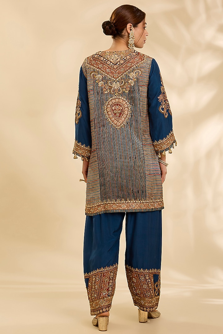 Blue Mashru Stripe Printed & Embroidered Kurta Set by Debyani at Pernia's Pop Up Shop
