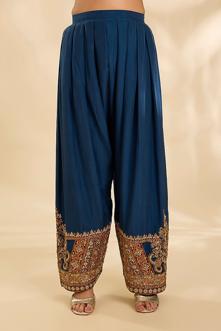 Blue Mashru Stripe Printed & Embroidered Kurta Set by Debyani at Pernia's Pop Up Shop