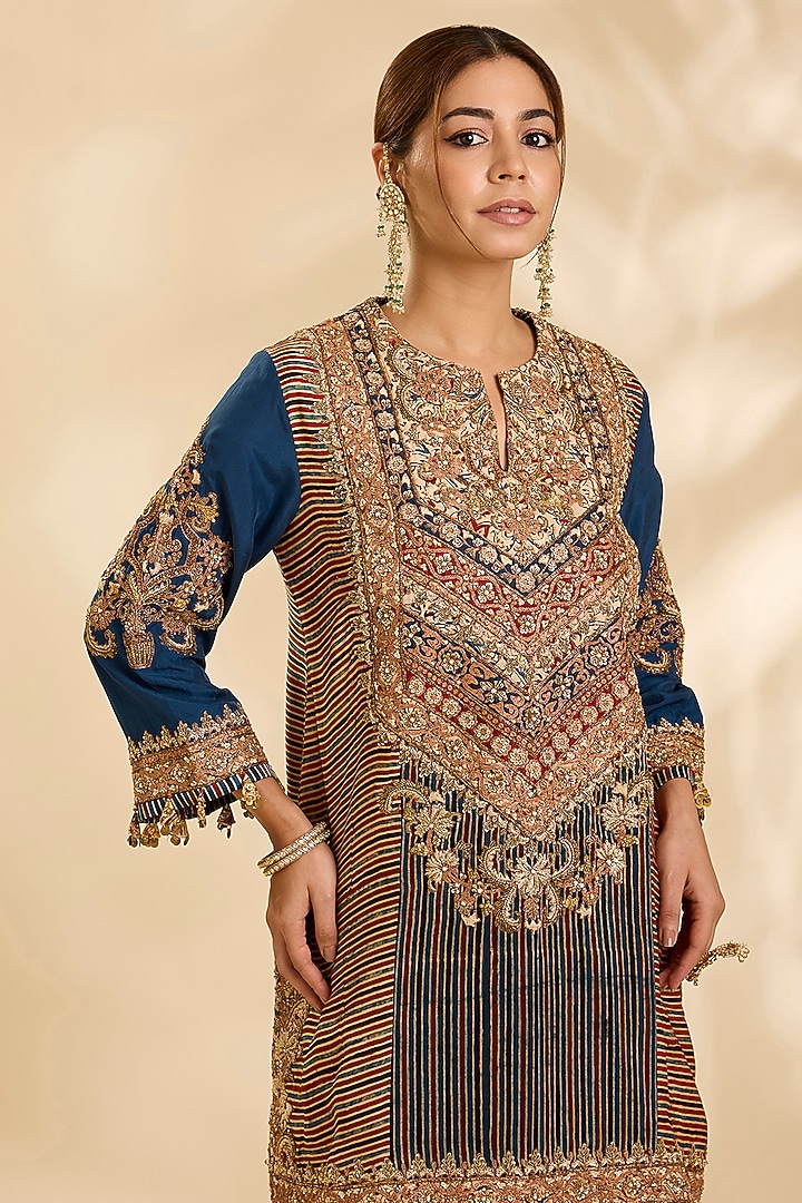 Blue Mashru Stripe Printed & Embroidered Kurta Set by Debyani at Pernia's Pop Up Shop