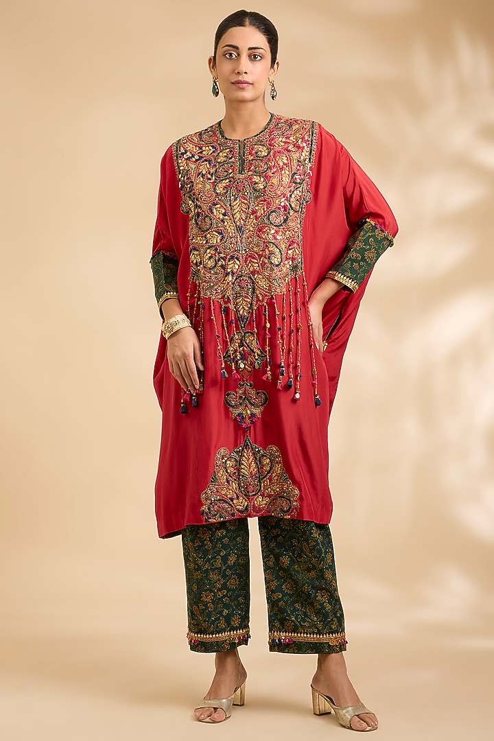 Red Silk & Cotton Ajrakh Printed Kaftan Set by Debyani at Pernia's Pop Up Shop