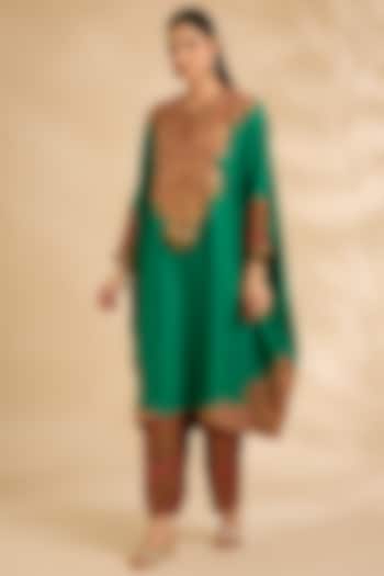 Green Silk Hand Embroidered Kaftan Set by Debyani at Pernia's Pop Up Shop