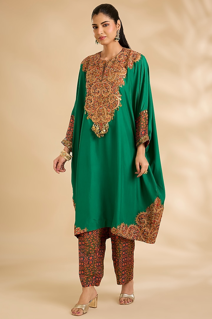 Green Silk Hand Embroidered Kaftan Set by Debyani at Pernia's Pop Up Shop