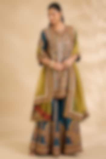 Blue Chanderi & Organza Hand Embroidered Bridal Sharara Set by Debyani at Pernia's Pop Up Shop