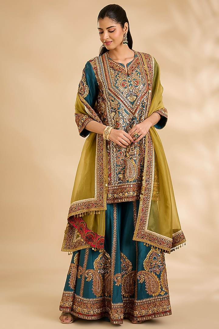 Blue Chanderi & Organza Hand Embroidered Bridal Sharara Set by Debyani at Pernia's Pop Up Shop