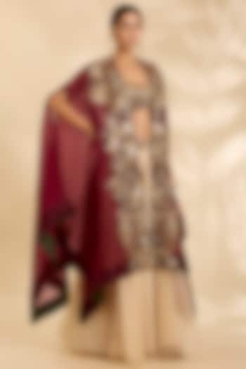 Brick Red Organza Hand & Machine Embroidered Cape Set by Debyani at Pernia's Pop Up Shop