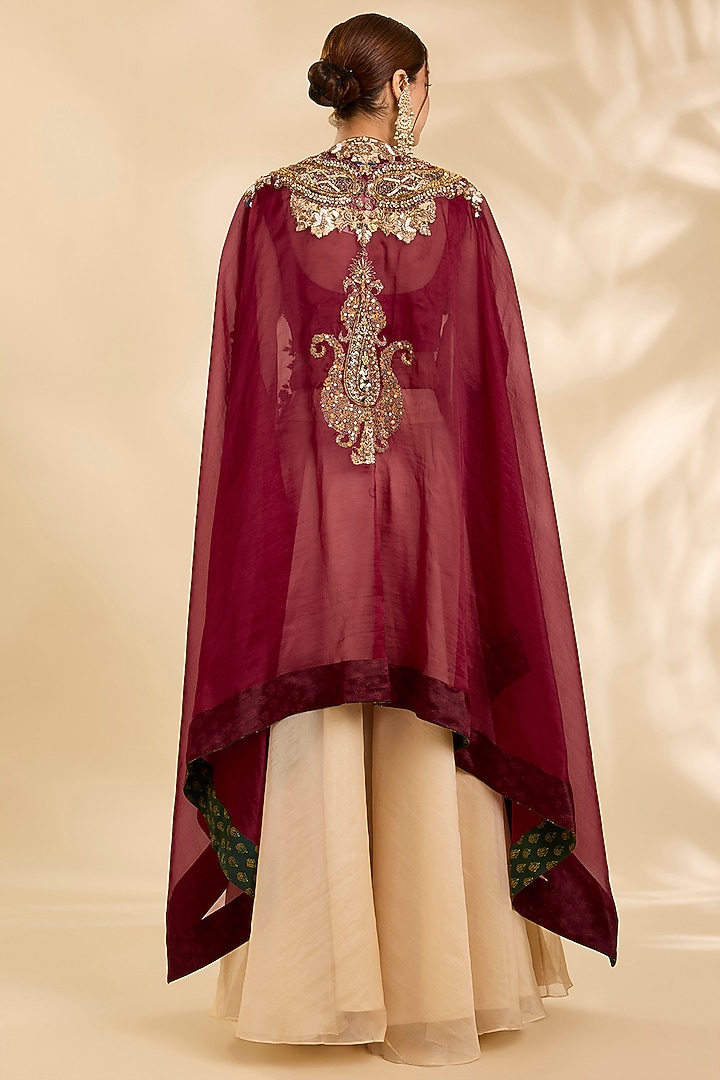 Brick Red Organza Hand & Machine Embroidered Cape Set by Debyani at Pernia's Pop Up Shop