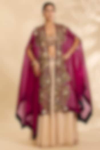 Magenta Organza Hand & Machine Embroidered Cape Set by Debyani at Pernia's Pop Up Shop