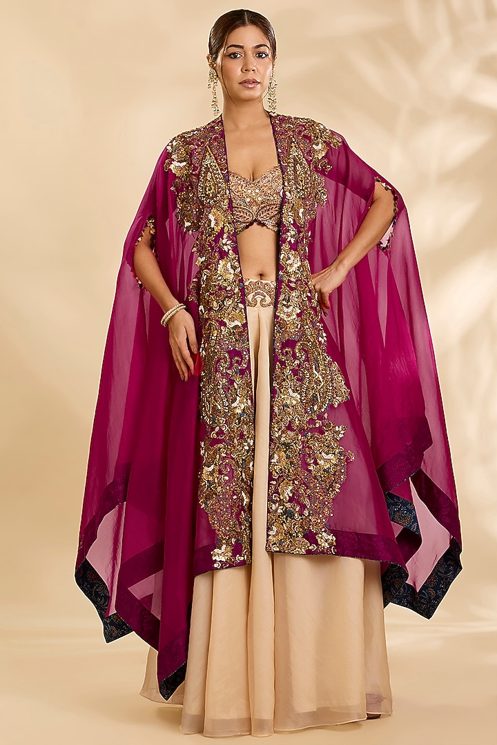 Magenta Organza Hand & Machine Embroidered Cape Set by Debyani at Pernia's Pop Up Shop