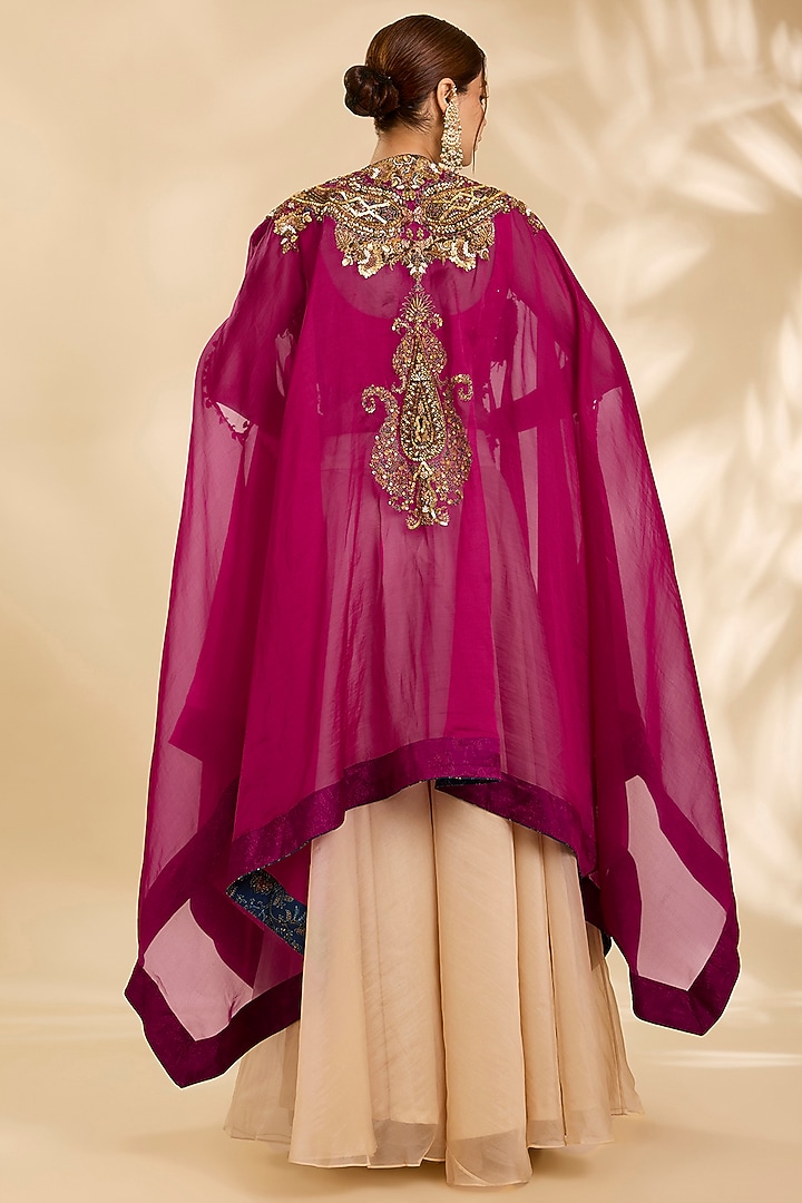 Magenta Organza Hand & Machine Embroidered Cape Set by Debyani at Pernia's Pop Up Shop