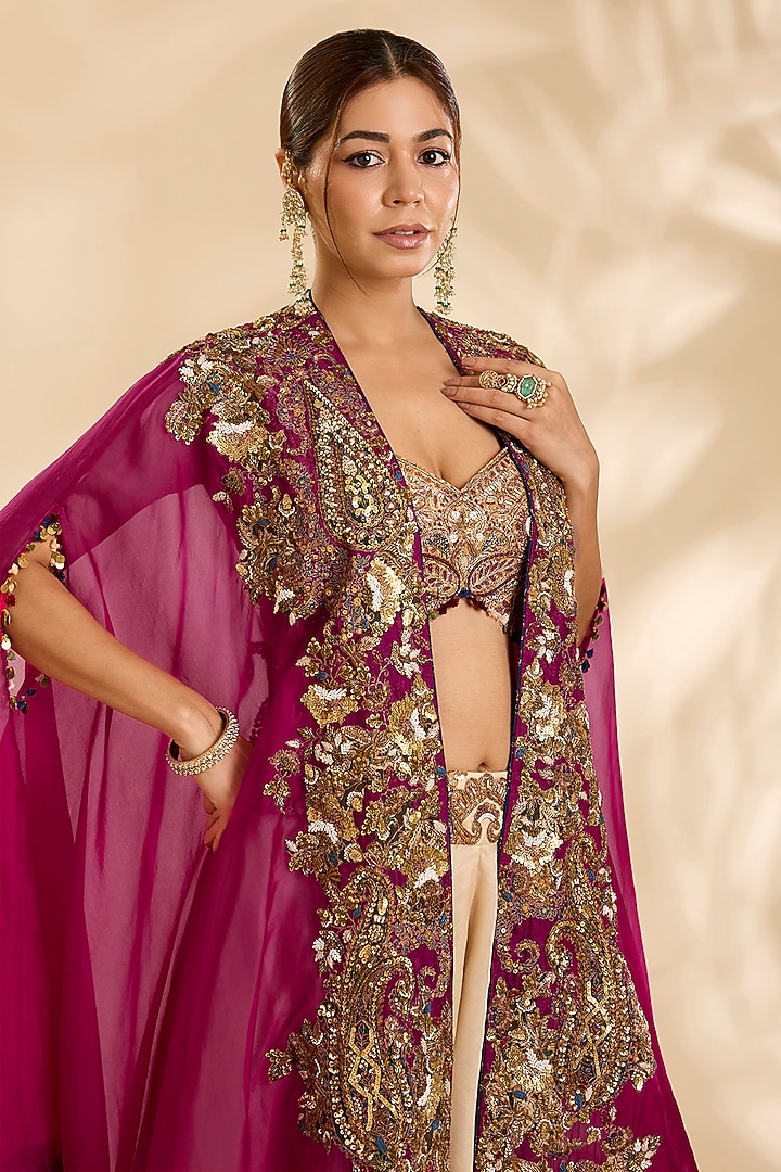 Magenta Organza Hand & Machine Embroidered Cape Set by Debyani at Pernia's Pop Up Shop
