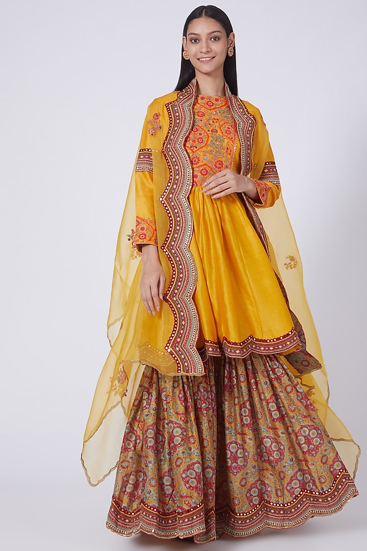 Mustard Mughal Printed Sharara Set by Debyani