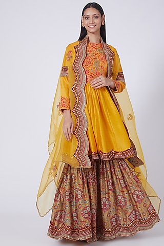 Mustard Mughal Printed Sharara Set by Debyani