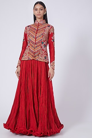 Red Crushed Skirt Set by Debyani