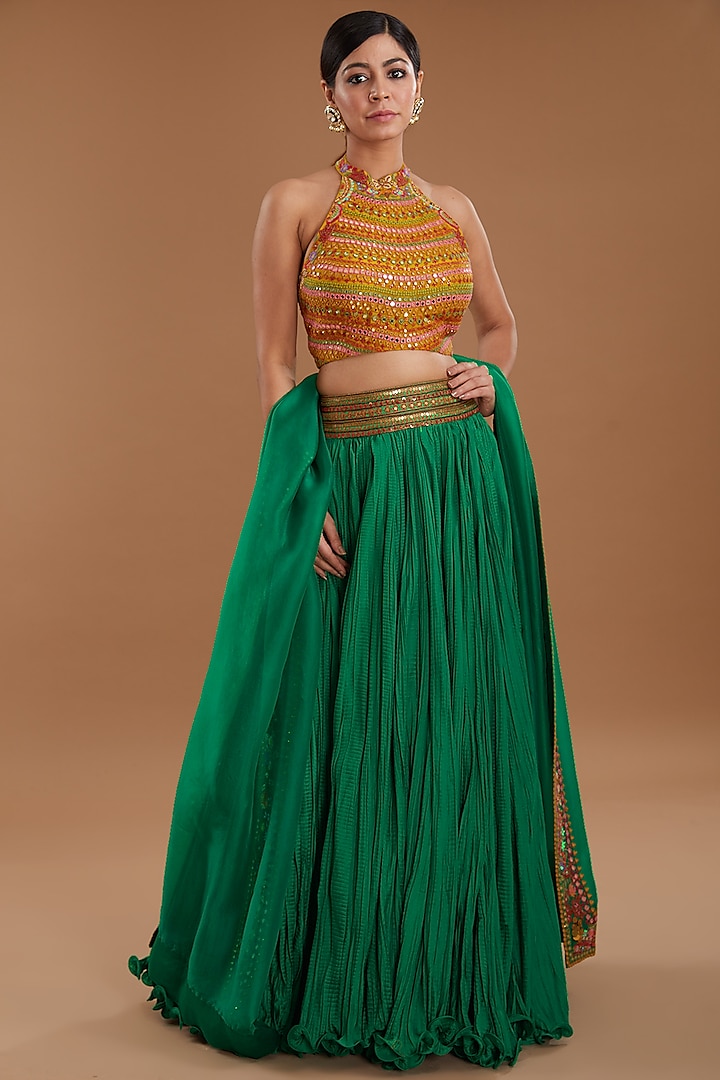 Green Chanderi Crushed Wedding Lehenga Set by Debyani at Pernia's Pop Up Shop