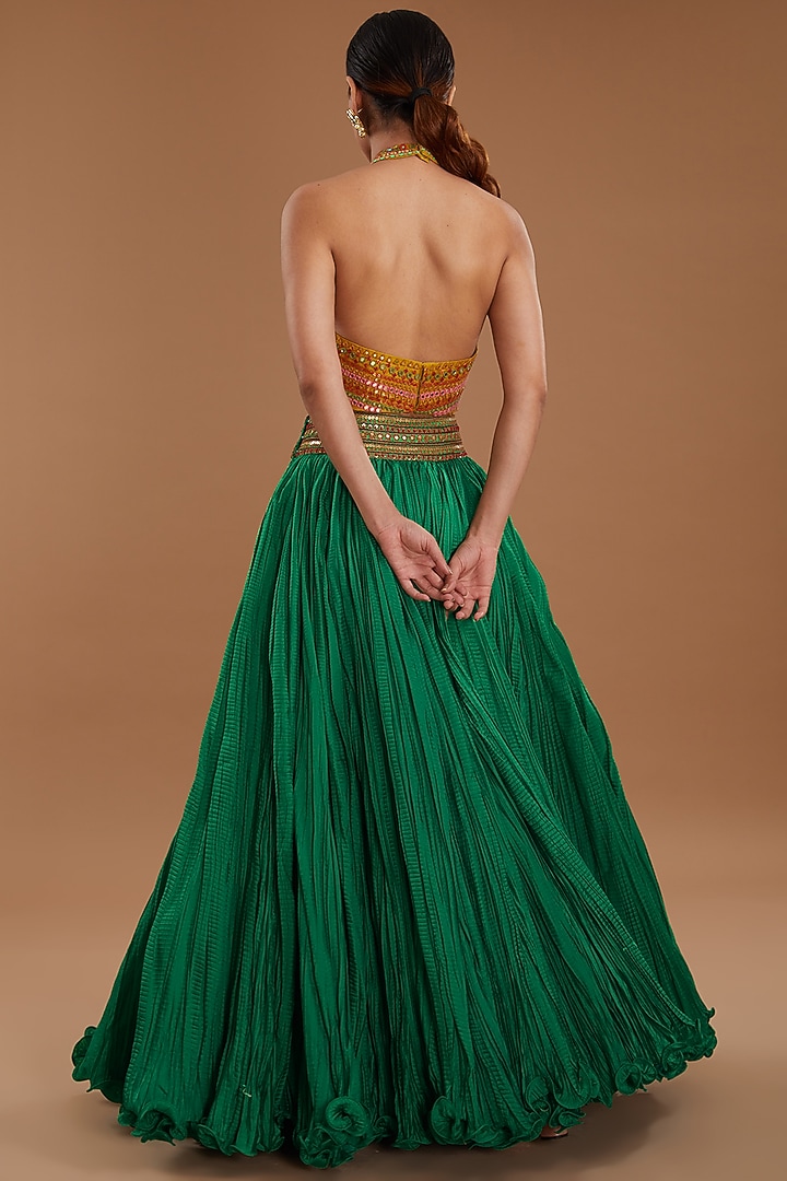 Green Chanderi Crushed Wedding Lehenga Set by Debyani at Pernia's Pop Up Shop