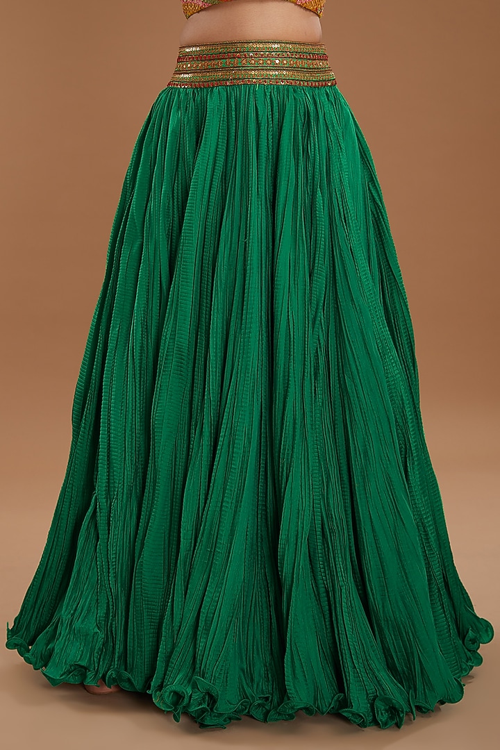 Green Chanderi Crushed Wedding Lehenga Set by Debyani at Pernia's Pop Up Shop