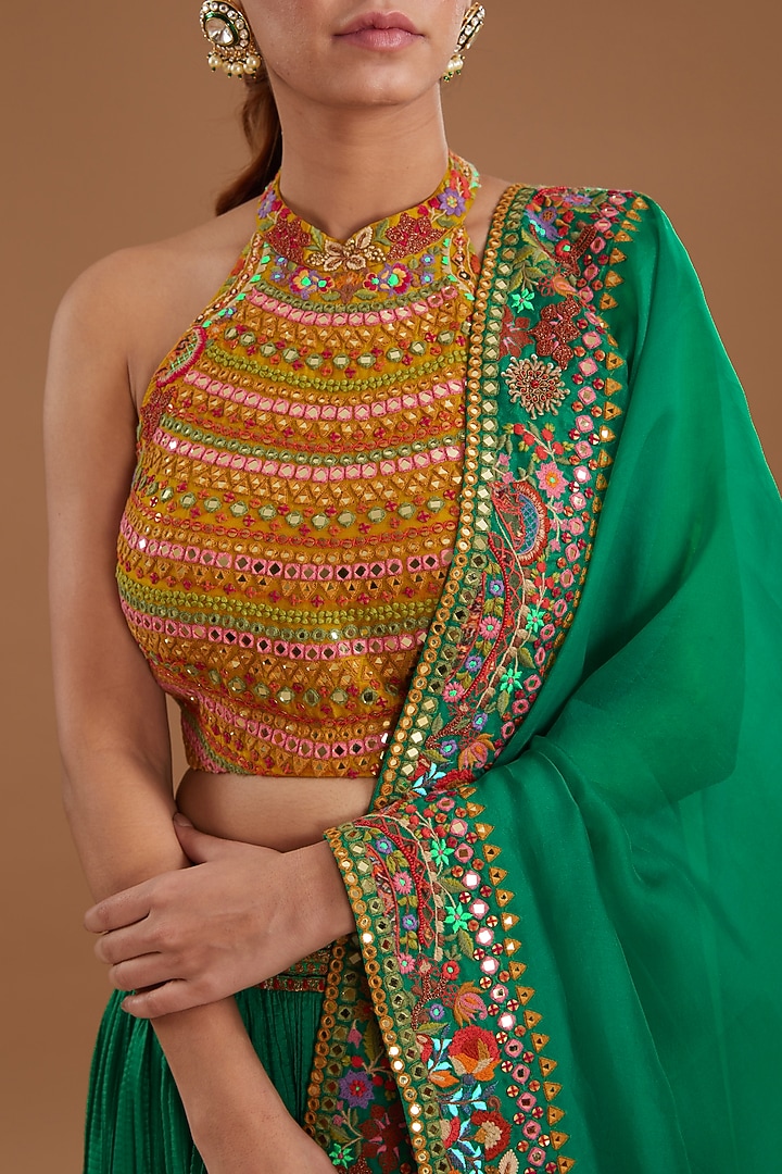 Green Chanderi Crushed Wedding Lehenga Set by Debyani at Pernia's Pop Up Shop