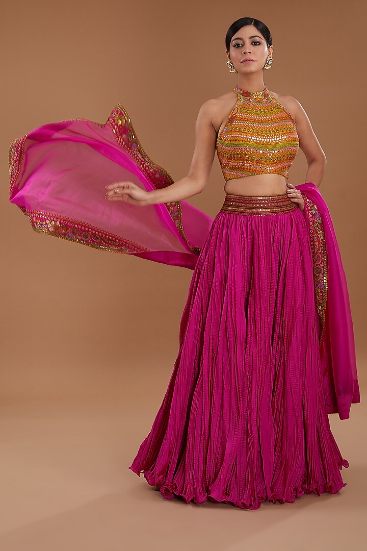 Pink Chanderi Crushed Wedding Lehenga Set by Debyani at Pernia's Pop Up Shop