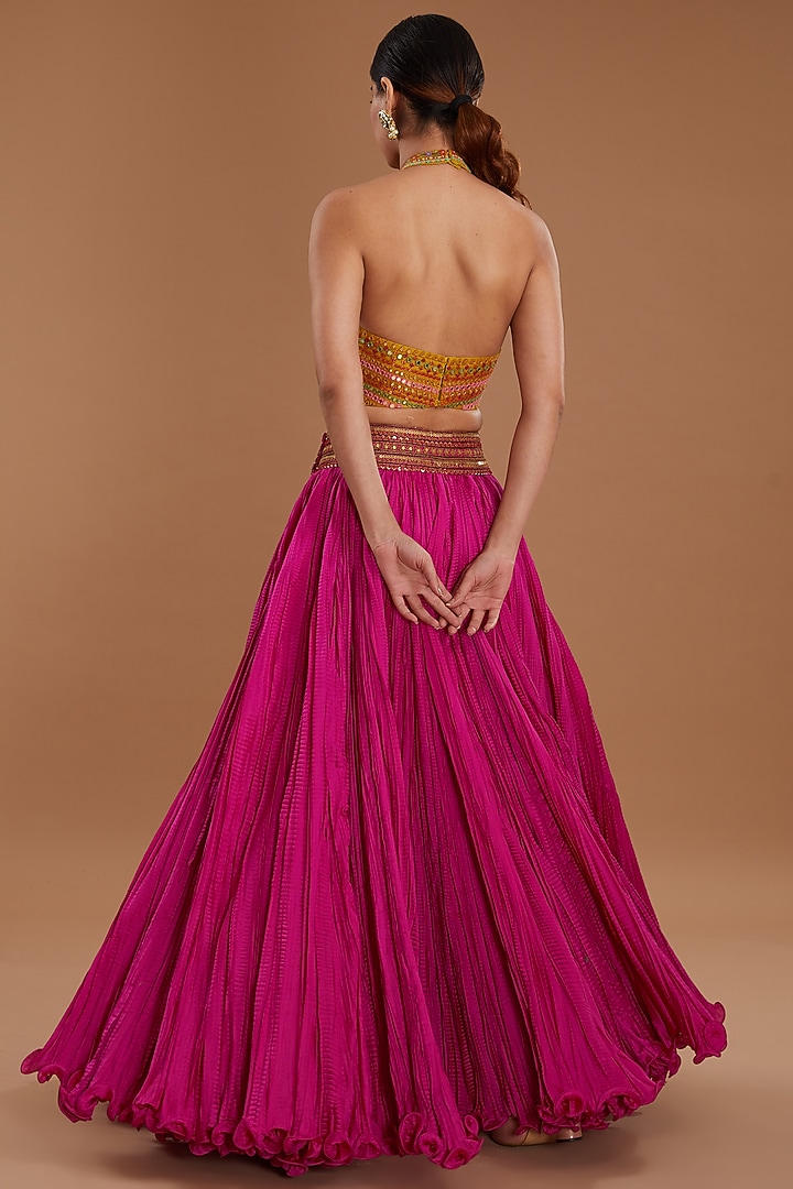 Pink Chanderi Crushed Wedding Lehenga Set by Debyani at Pernia's Pop Up Shop