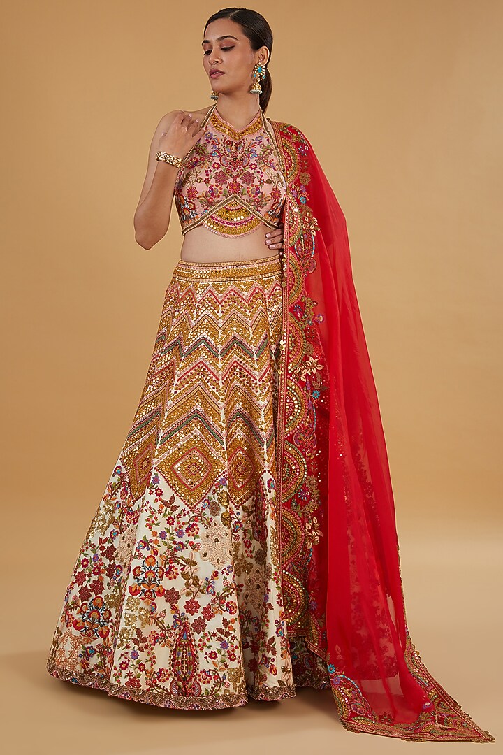 Ivory Chanderi Silk Mirror Work Bridal Lehenga Set by Debyani at Pernia's Pop Up Shop