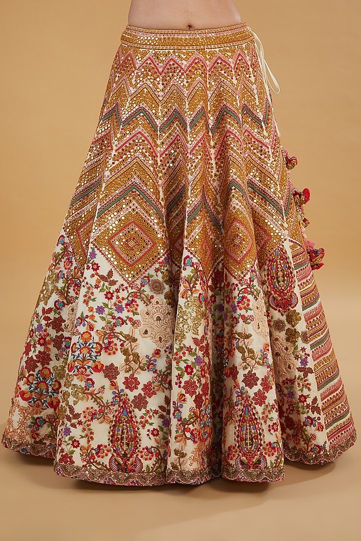 Ivory Chanderi Silk Mirror Work Bridal Lehenga Set by Debyani at Pernia's Pop Up Shop
