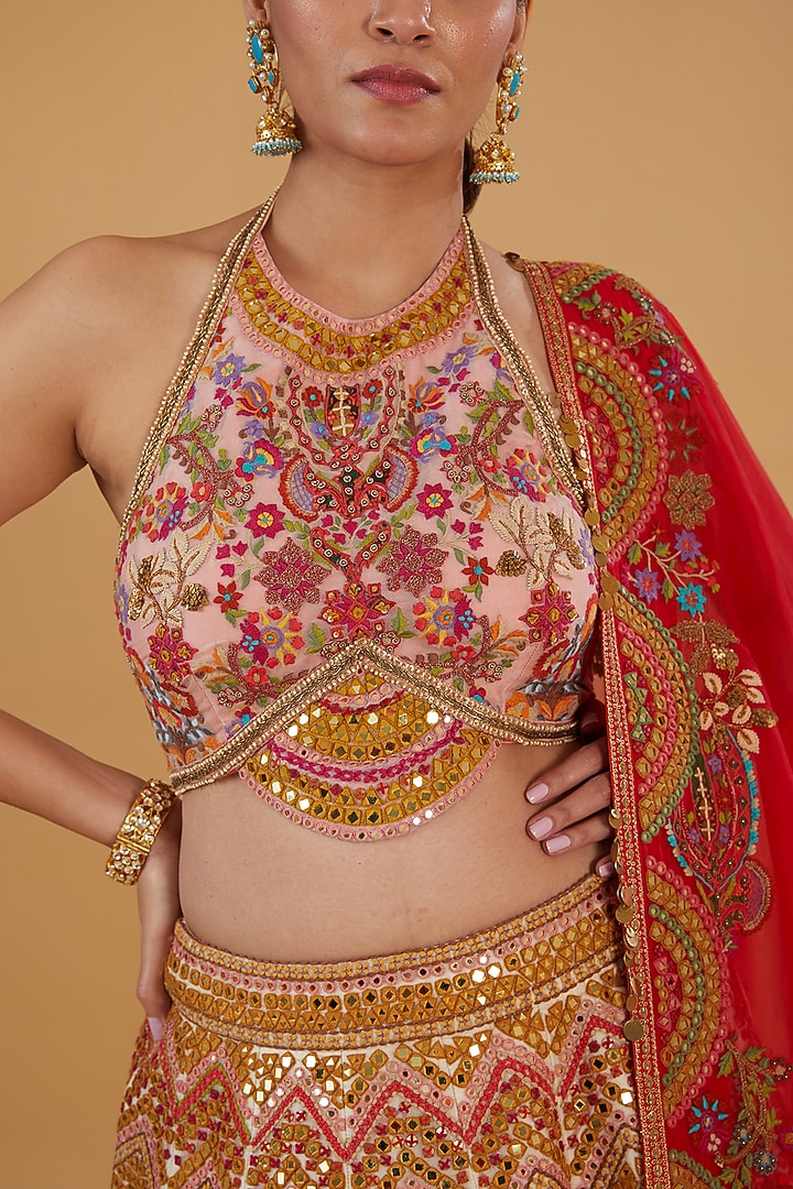 Ivory Chanderi Silk Mirror Work Bridal Lehenga Set by Debyani at Pernia's Pop Up Shop