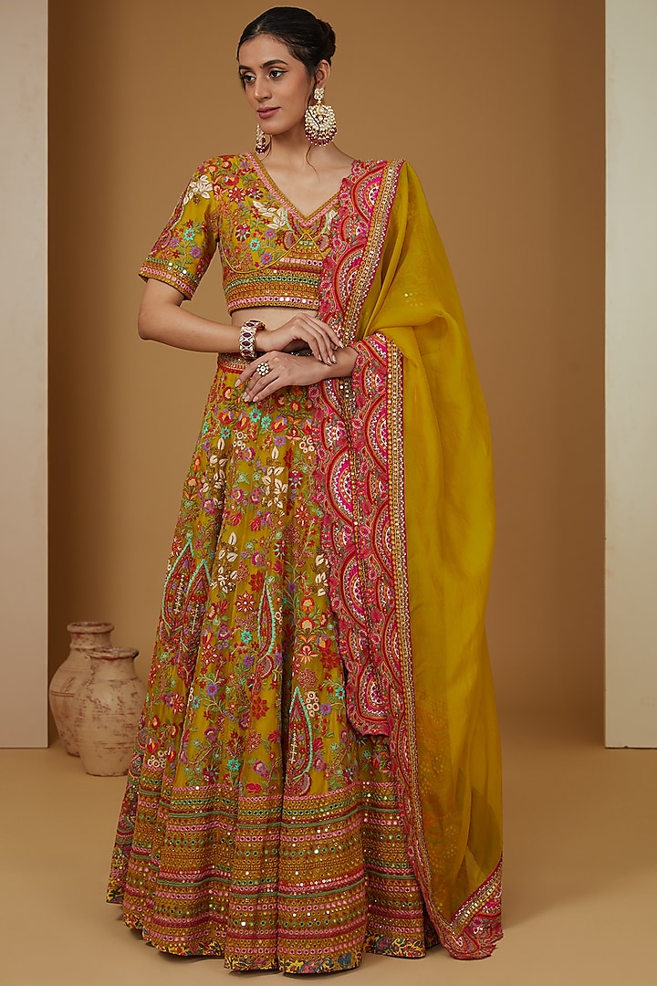 Yellow Organza Mirror Work Lehenga Set Design by Debyani at Pernia's