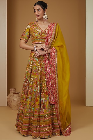 Yellow Organza Mirror Work Lehenga Set by Debyani