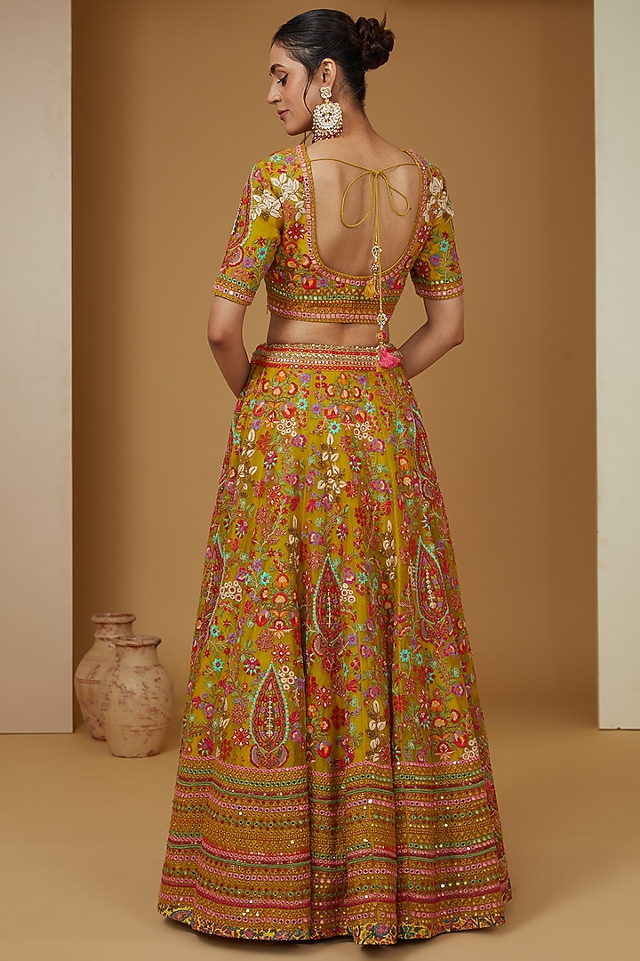 Yellow Organza Mirror Work Bridal Lehenga Set by Debyani at Pernia's Pop Up Shop