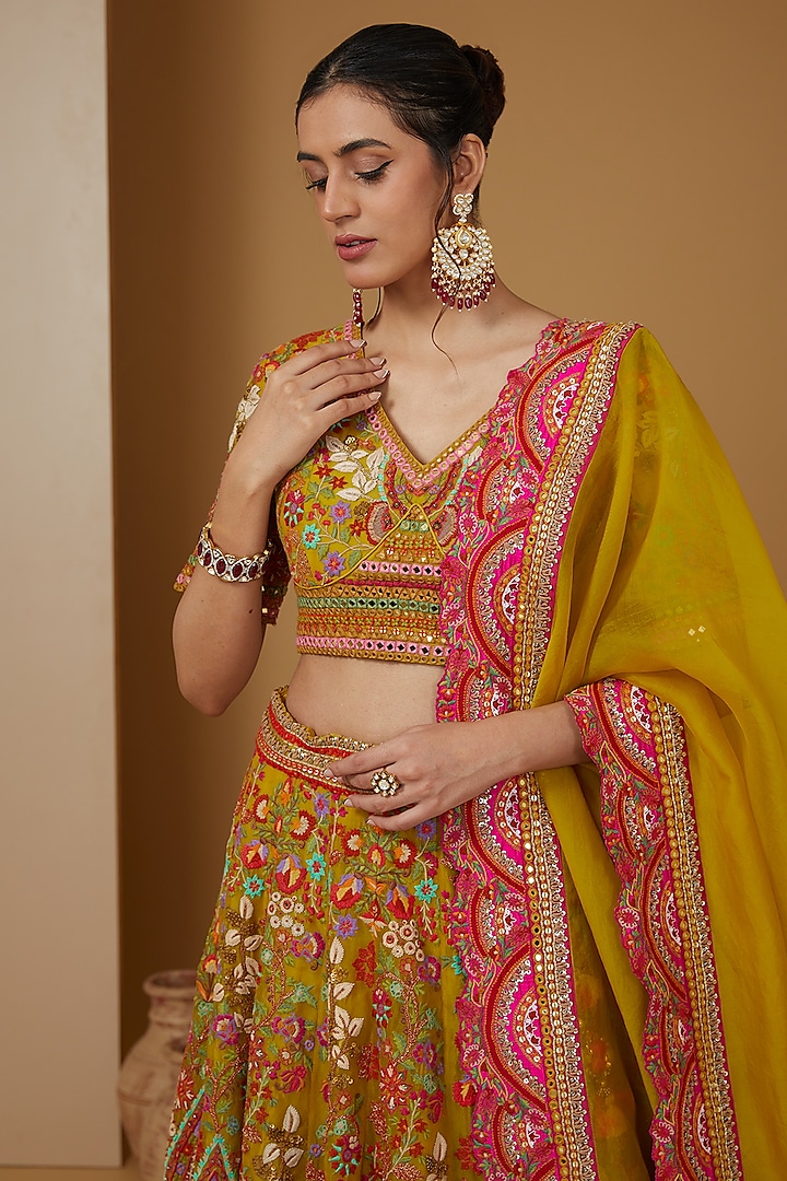 Yellow Organza Mirror Work Bridal Lehenga Set by Debyani at Pernia's Pop Up Shop