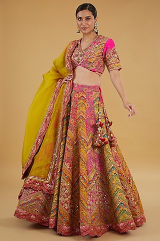 Red Rani Raw Silk Embroidered Lehenga Set by Debyani