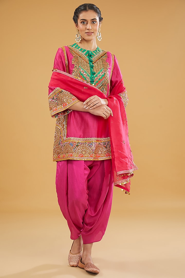 Pink Chanderi Silk Mirror Work Kashmiri Kurta Set by Debyani at Pernia's Pop Up Shop