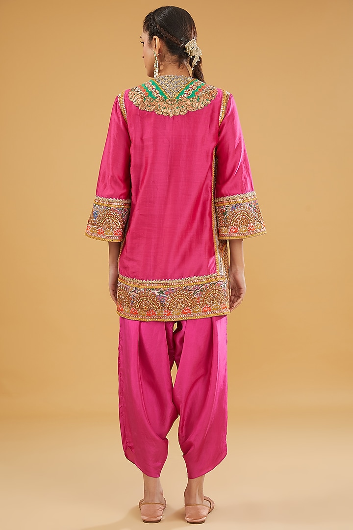 Pink Chanderi Silk Mirror Work Kashmiri Kurta Set by Debyani at Pernia's Pop Up Shop