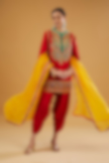 Red Chanderi Silk Mirror Work Kashmiri Kurta Set by Debyani at Pernia's Pop Up Shop