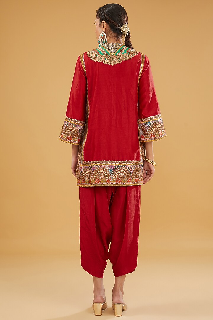 Red Chanderi Silk Mirror Work Kashmiri Kurta Set by Debyani at Pernia's Pop Up Shop